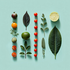 Creative neatly arranged food layout with fruits, vegetables and leaves on bright background. Minimal healthy food concept. Flat lay.