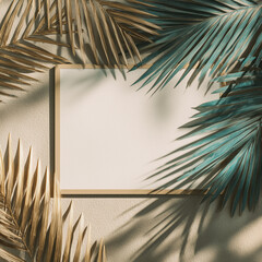 Creative nature background. Gold and green tropical palm leaves. Minimal summer abstract jungle or forest pattern. White paper frame copy space