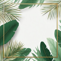 Creative nature background. Gold and green tropical palm leaves. Minimal summer abstract jungle or forest pattern. White paper frame copy space