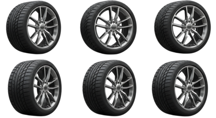 Six identical car tires with intricate silver alloy rims displayed in a grid isolated on white background