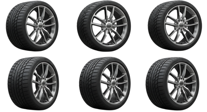 Six identical car tires with intricate silver alloy rims displayed in a grid isolated on white background - Powered by Adobe