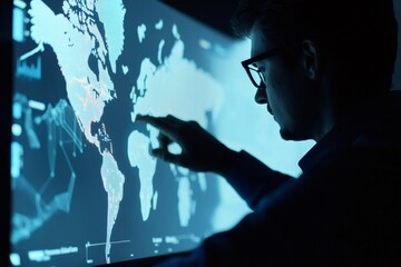 Business intelligence analyst working in dark room pointing at digital world map displayed on interactive screen, planning global business strategy