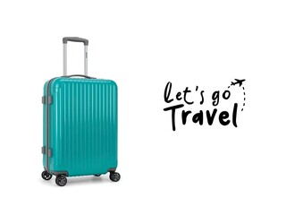 turquoise hard-shell suitcase with a telescopic handle extended, positioned on the left side against a plain white background. stylized text graphic in black, reading 'Let's go travel' 