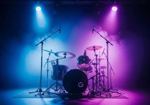 Ethereal Blue and Purple Spotlights Illuminate a Drum Kit on a Hazy Empty Concert Stage.