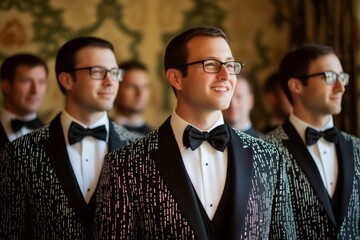 Smiling groomsmen in matching tuxedos with geeky futuristic patterns, celebrating a bachelor party in elegant style