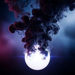 Dark, swirling ink drops cascade into a luminous white sphere, bathed in vibrant violet and blue hues.
