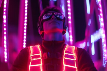 Young man wearing LED vest and goggles surrounded by bright neon carnival lights, symbolizing futuristic nightlife atmosphere