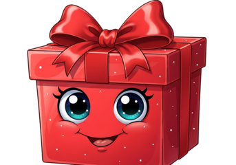 Cute red gift box with a happy face and a big bow isolated on transparent background
