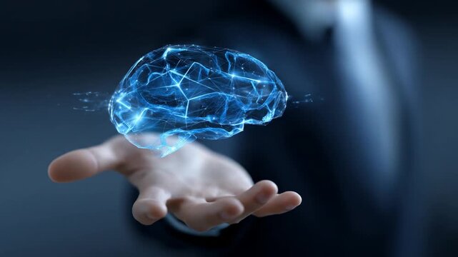 Glowing digital brain hovering over outstretched hand with dark, soft background