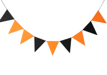 A string of orange and black triangular halloween bunting flags isolated on transparent background