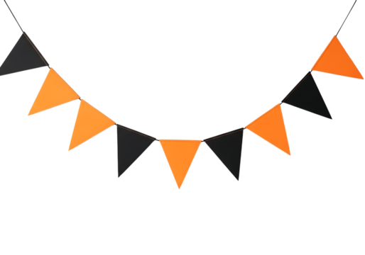 A string of orange and black triangular halloween bunting flags isolated on transparent background