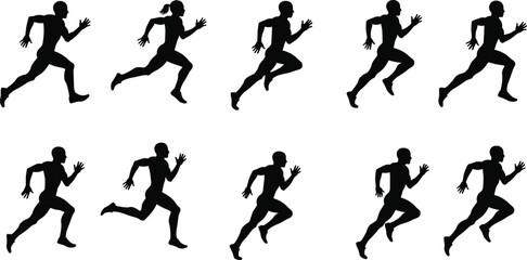 Running silhouettes, athletic motion, sprint cycle, dynamic posture, biomechanics, fitness, human movement, exercise form, sports training illustration