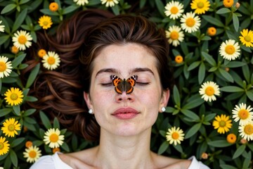 Woman Resting in Wildflower Field with Butterfly on Her Nose Seen from Above