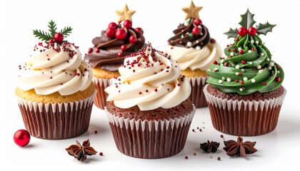 Festive Christmas Cupcakes with Red Berries and Golden Star Toppers on White Background Holiday Celebration