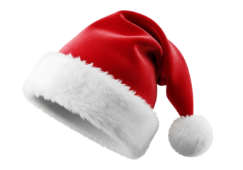 A classic red santa claus hat with white fluffy trim and a pom pom isolated on transparent background