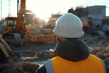 Construction engineer wearing an orange safety vest and a white helmet supervising a construction site at sunset