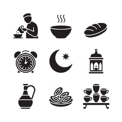 Collection of islamic ramadan icons including a person eating soup bread alarm clock crescent moon lantern oil jug dates and tea cups