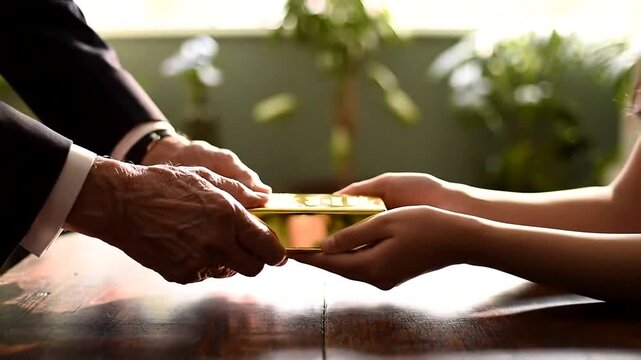A meaningful exchange of a golden gift between two hands symbolizes trust and connection in a personal relationship.