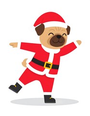 A pug wearing a Santa suit is dancing