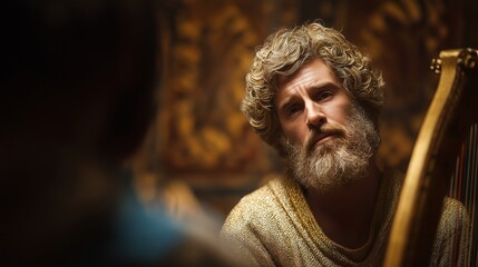 David plays the harp before King Saul by candlelight, filling the room with music that soothes, inspires, and conveys devotion, skill, and heartfelt artistry.