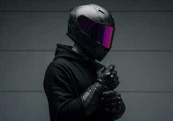 Mysterious Biker in Black Hoodie and Helmet with a Striking Purple Visor.