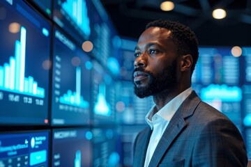 African American Entrepreneur Surrounded by Virtual Screens Showing Advanced Data Analytics in a Futuristic Environment.