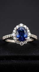 A close-up view of an exquisite sapphire and diamond ring set on a dark velvet surface.