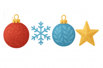 Christmas ornaments collection, featuring red and blue baubles, snowflake, and golden star, transparent background