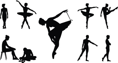 Ballet dancer silhouettes, graceful poses, classical movement, seated preparation, pirouette, arabesque, ribbon gesture, dance art, elegant posture illustration