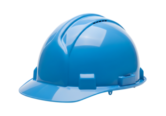 Bright blue safety hard hat for construction workers and industrial use isolated on transparent background