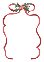 Red ribbon forming a vertical frame with floral decoration of poinsettia and pine branches. Hand-drawn festive border template with place for text. Winter holiday and Christmas vector design