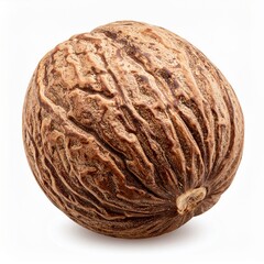 Obraz premium Single Whole Nutmeg Spice with Detailed Textured Surface on White Background