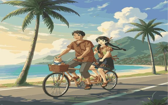 anime young couple on the beach, illustration