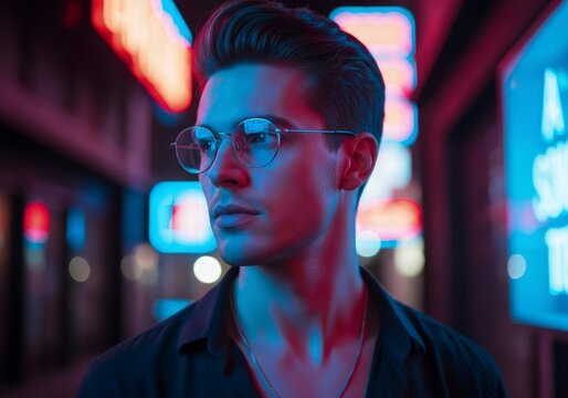 Pensive Man with Glittered Glasses Bathed in Blue and Pink Urban Neon Light. - Powered by Adobe