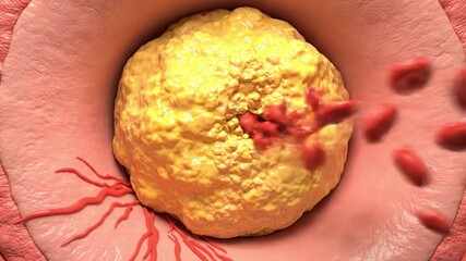 3D Medical Illustration of Tumor Growth in Blood Vessel with Red Blood Cells, Highlighting Circulatory System, Plaque Buildup, and Arterial Blockage