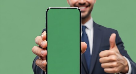 Smartphone with Green Screen Display Shown by Man with Thumbs Up