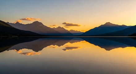 Serene mountain lake at sunset, showcasing mirrored peaks and tranquil hues.