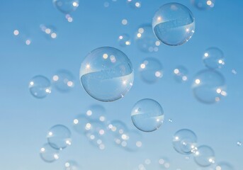Obraz premium Glistening Soap Bubbles Drifting Freely Across a Serene Pale Blue Sky.