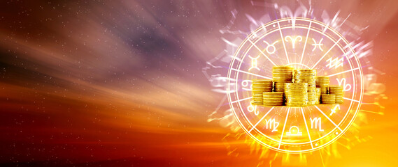 Horoscope with zodiac signs and money coins like astrology and money and astrology and wealth concept, Financial horoscope concept.