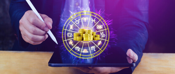 Horoscope with zodiac signs and money coins like astrology and money and astrology and wealth...