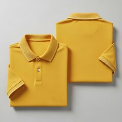 Two folded mustard yellow polo shirts, laid flat, showcasing a crisp, clean design and subtle ribbed detailing on the collar and cuffs.