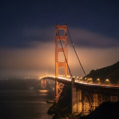 Obraz premium San Francisco Golden Gate Bridge at Night with Fog Lights, Photorealistic 8K