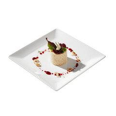 Elegant dessert with berry sauce on a square plate isolated on transparent background