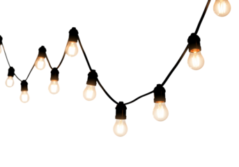 A collection of glowing incandescent light bulbs suspended in darkness isolated on transparent background