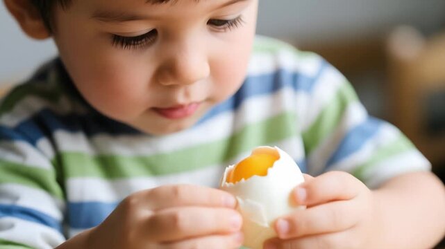 Curious little boy exploring a broken eggshell while sitting at a table
