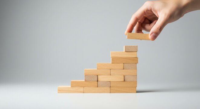 A hand places the final wooden block on a staircase structure on a plain white surface.