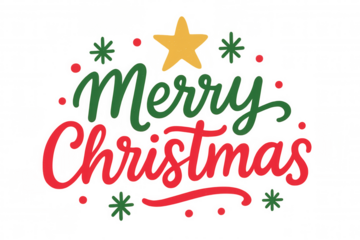 Merry christmas holiday greeting calligraphy with star and snowflakes, celebrating festive winter season transparent design