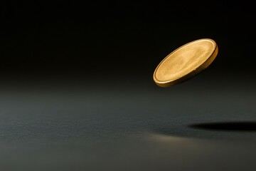 Single gold coin spins in an empty dark space, symbolizing financial decisions, investment, and the inherent risks involved