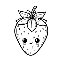strawberry cute food kawaii coloring book, black & white designs, line art vector illustration, coloring page, coloring book