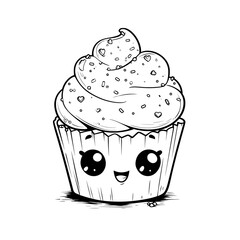 cake cute food kawaii coloring book, black & white designs, line art vector illustration, coloring page, coloring book